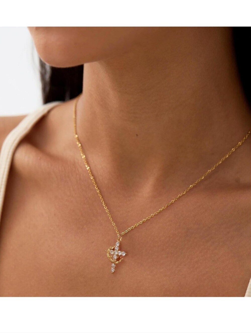 Gold Crescent and Crystal Pendant Necklace - Women Jewelry